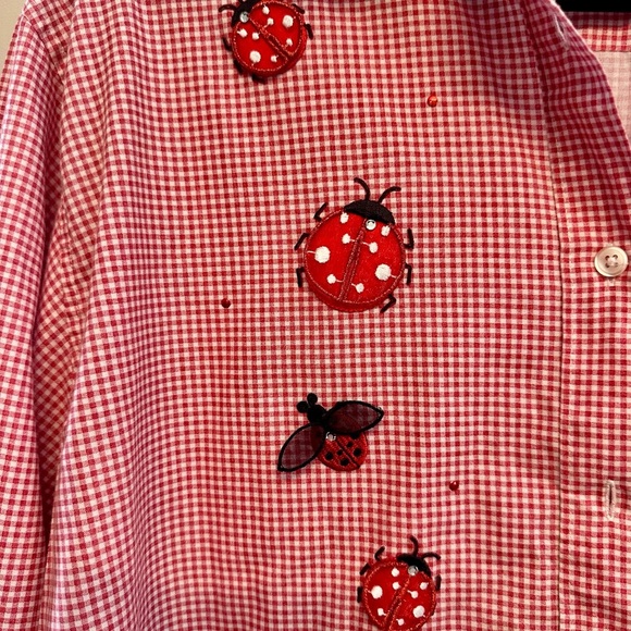 Women's Pink Checkered Button Down Shirt with Ladybug Accents XL - Picture 3 of 6